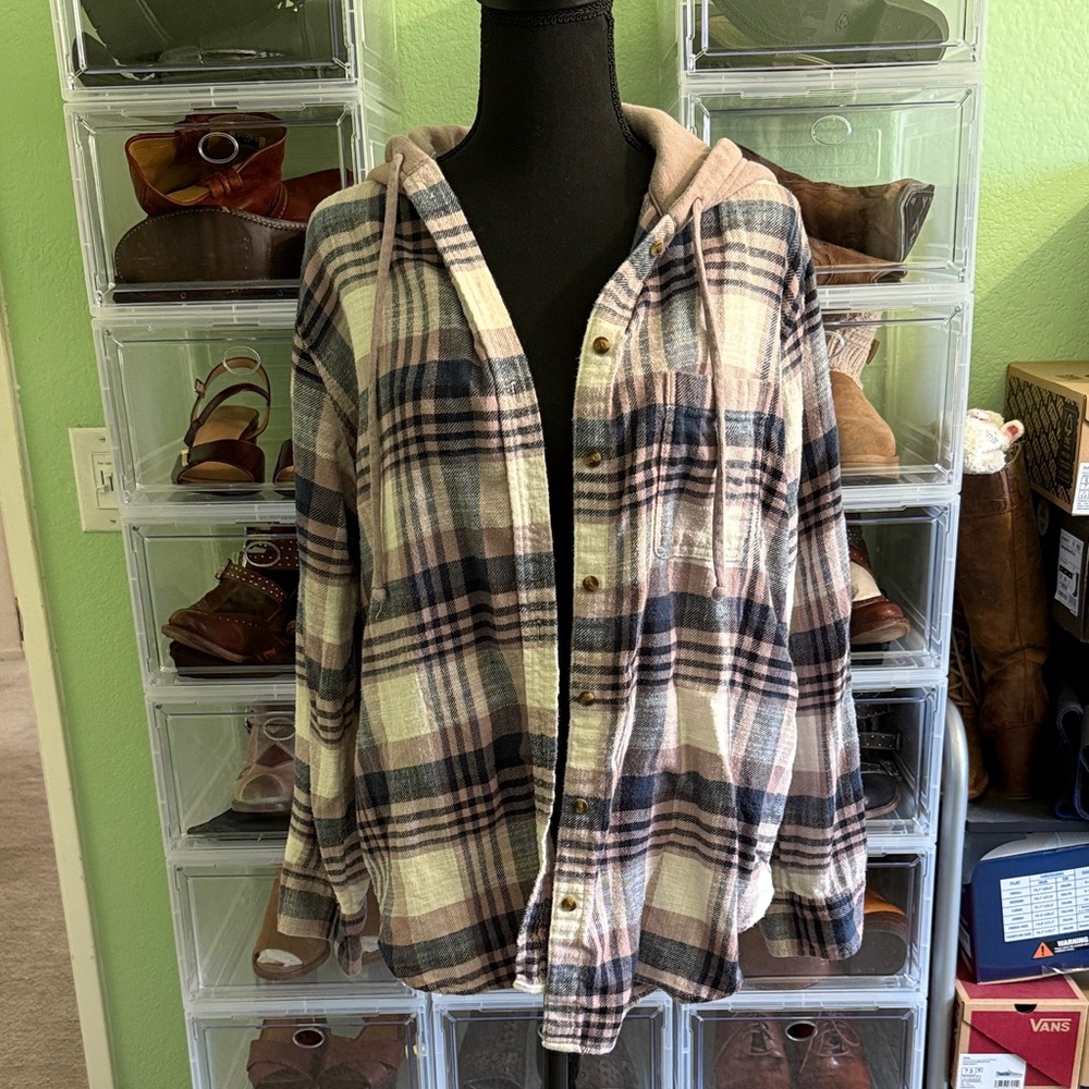 American Eagle Light Purple/Lavender Plaid Hooded Flannel Shirt | Sz Medium